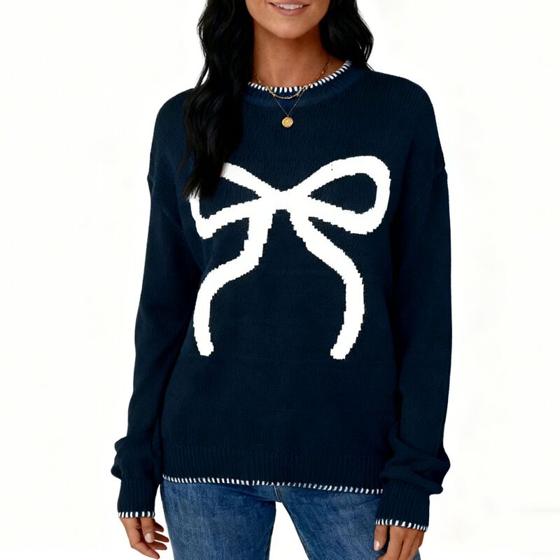 2025 Autumn and Winter Cross-Border European and American Popular Sweet Bow Versatile Loose Long-Sleeved Round Neck Pullover Christmas Sweater for Women