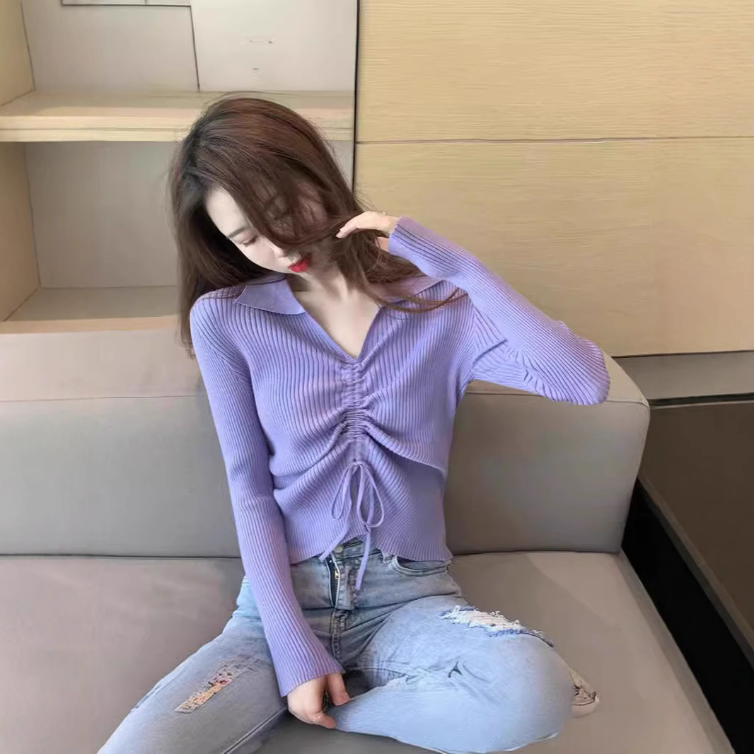 秋冬针织打底衫毛衣女内搭洋气性感V领POLO领抽绳长袖百搭上衣