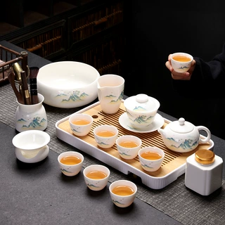 千里江山羊脂玉白瓷功夫茶具套装家用轻奢高端陶瓷盖碗茶杯2024款
