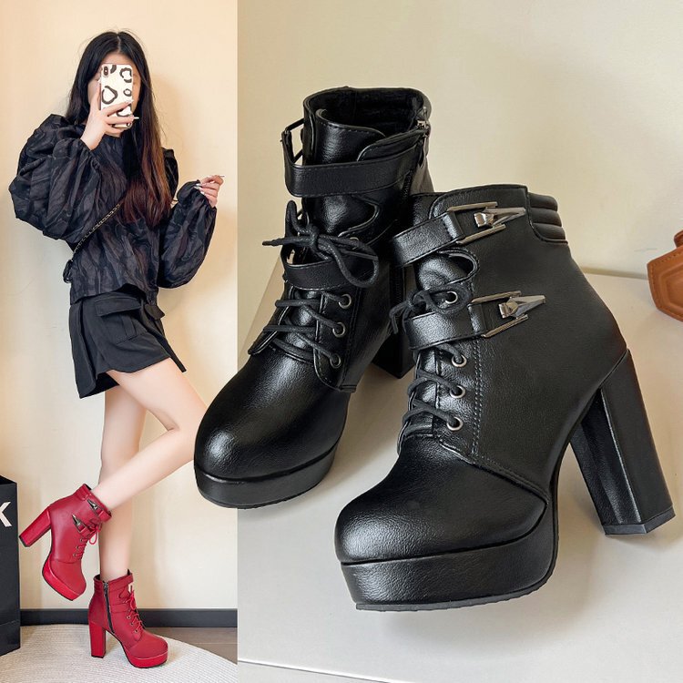 Black Boots Women's High Heels 2025 New Autumn and Winter Easy to Match Waterproof Platform Lace-Up Thick Heel Round Toe Short Boots