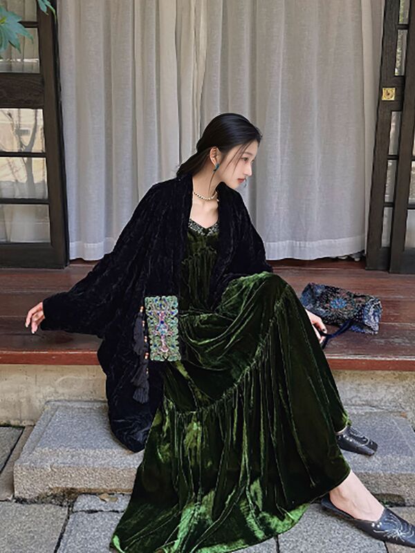 新中式国潮新款吊带裙女秋季时尚绣花层次丝绒宽松连衣裙 N9027|undefined
