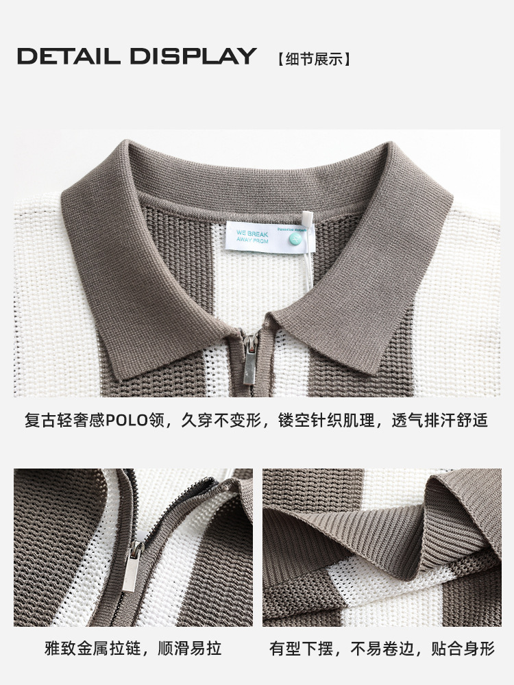 Europa y los Estados Unidos transfronterizos para hombres colores contrastantes rayas verticales jersey polo seda de hielo semia cremallera collar manga corta hombre de negocios casual