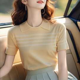 韩系减龄黄色条纹好看针织上衣女士夏季恤修身翻领正肩短袖体恤