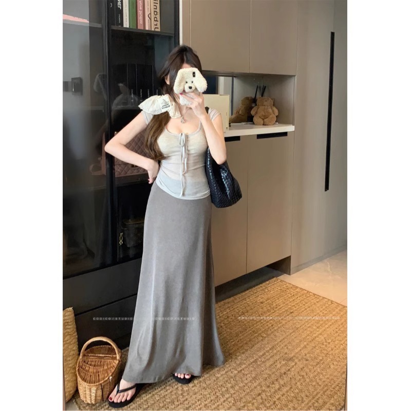 ラ・シャペル ニッチデザイン 大きなネックライン 半袖 Tシャツ レディース 夏 ローUネック ホルターネック 右肩ウエストスリムトップ|undefined