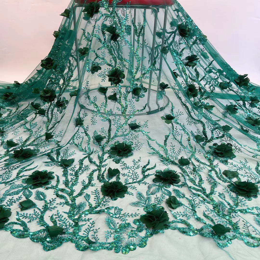 Vestido de novia de tela tridimensional flor lentejuelas posicionamiento bordado encaje europeo y americano malla bordado vestido de tela JX1914