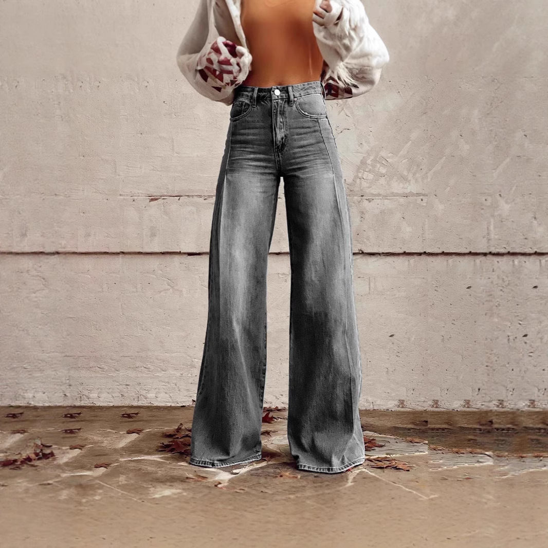 欧美外贸跨境复古阔腿时尚高腰设计感拖地牛仔长裤女  女士牛仔裤