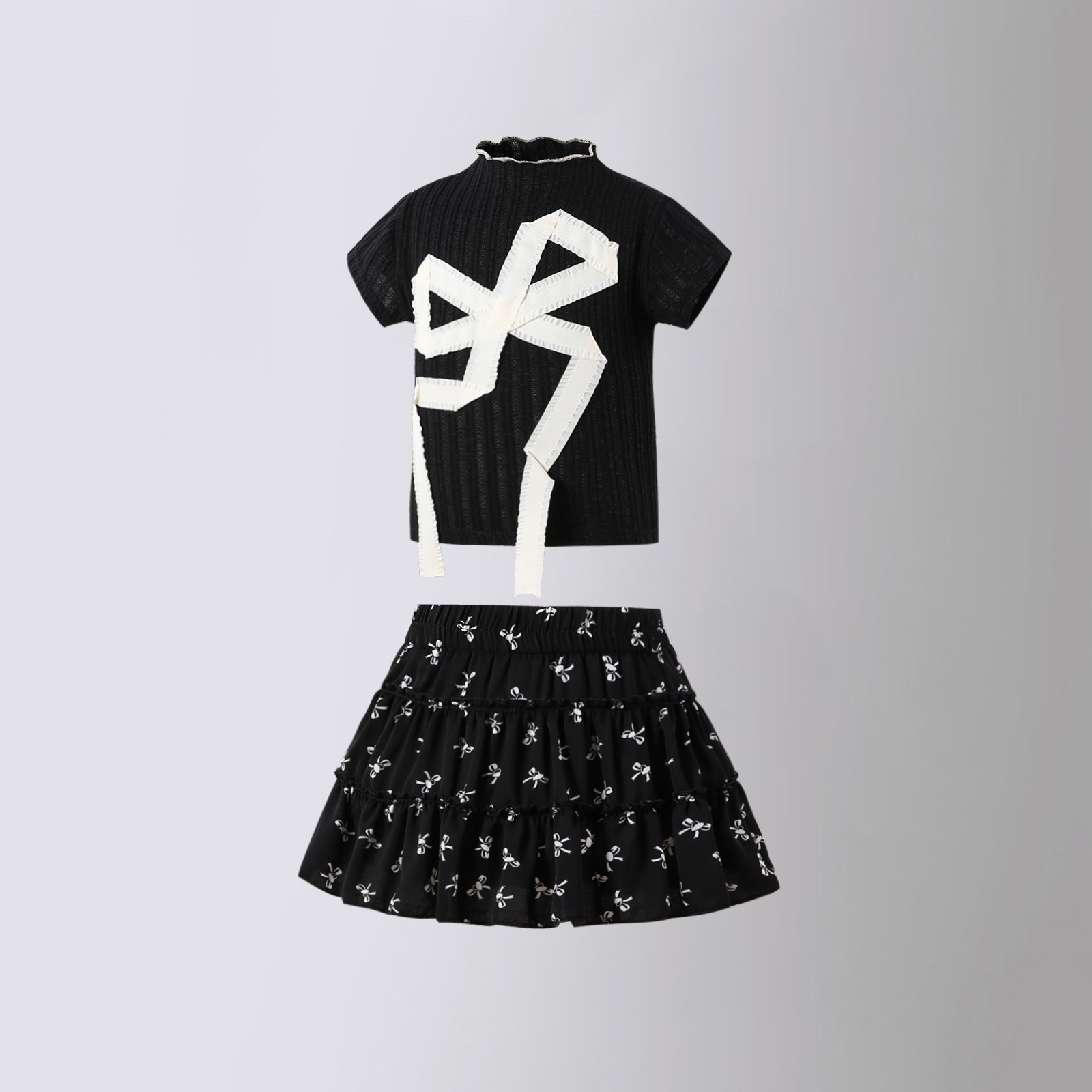 Girls' French Sweet Style Black Floral Skirt Ruffled Waistband Slimming Casual A-Line Short Skirt 