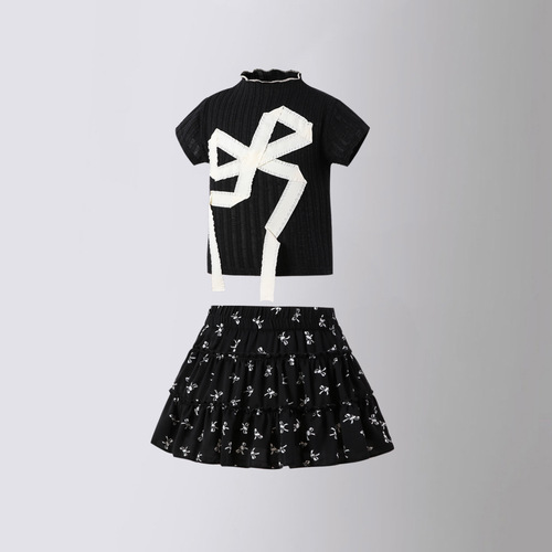 Girls' French Sweet Style Black Floral Skirt Ruffled Waistband Slimming Casual A-Line Short Skirt 