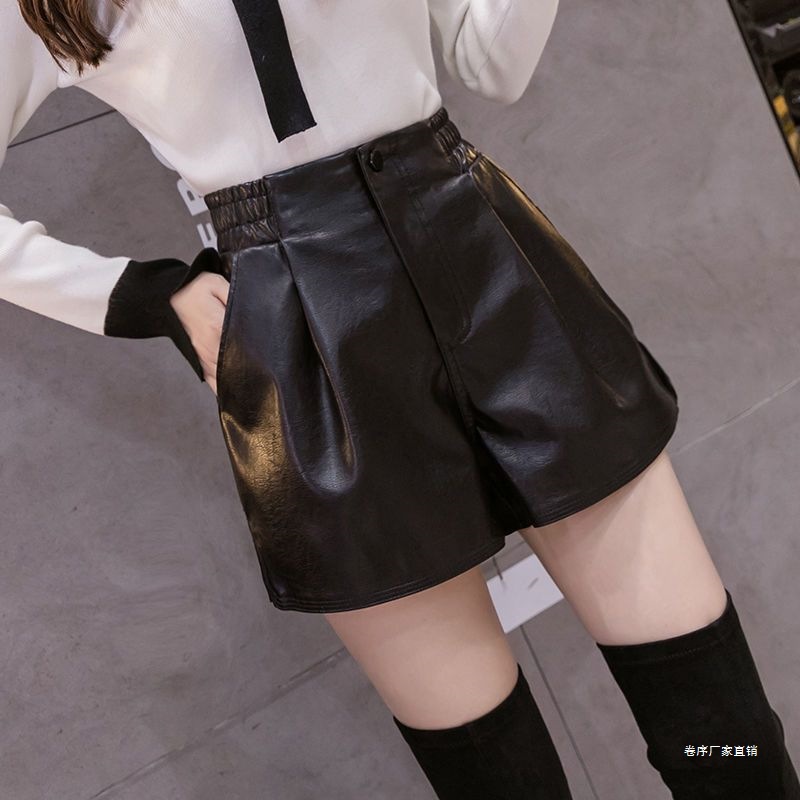 字皮短裤靴裤胖显瘦高腰遮肚子保暖裤子百褶半身松紧腰短裤