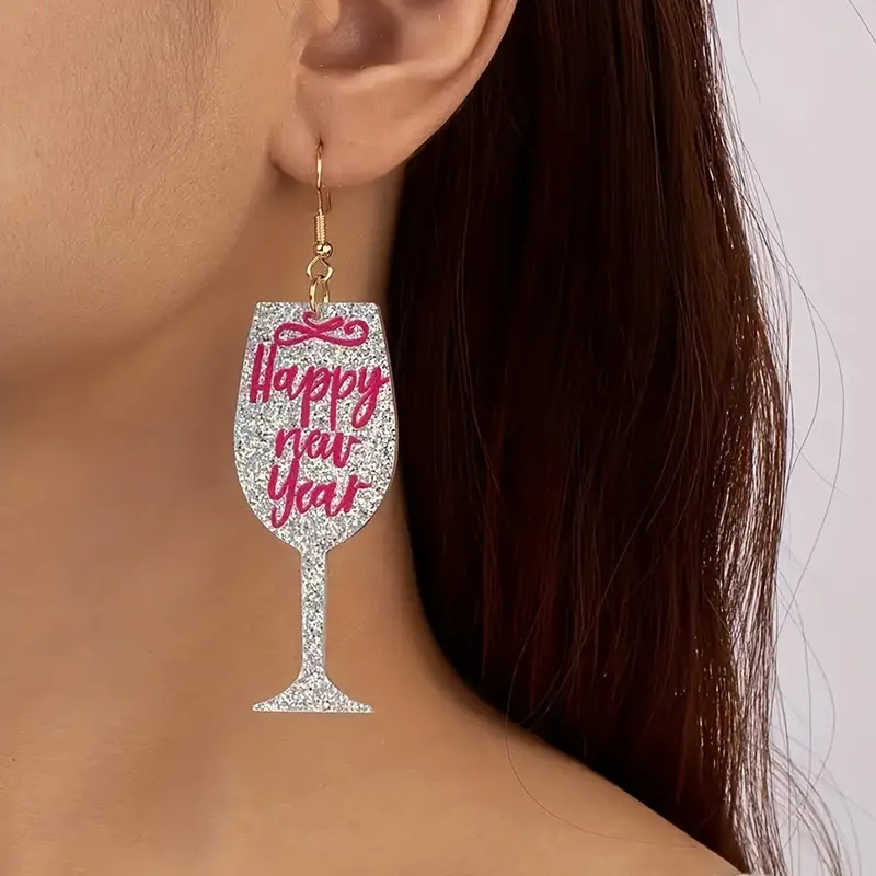 Holiday, Party Occasion 1 Pair Cute Letter Wine Glass Printing Oval Arylic Drop Earrings
