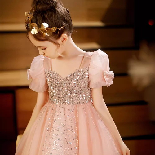 女童礼服春夏儿童轻奢公主裙粉色女孩主持人钢琴演出服生日晚礼服