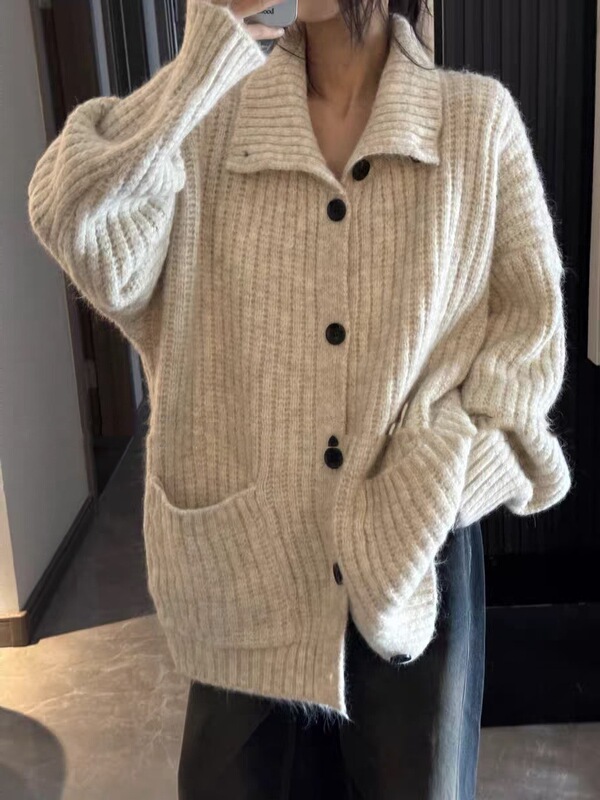 外贸大码慵懒风翻领毛衣女装秋冬新款高级氛围感软糯针织开衫外套|undefined