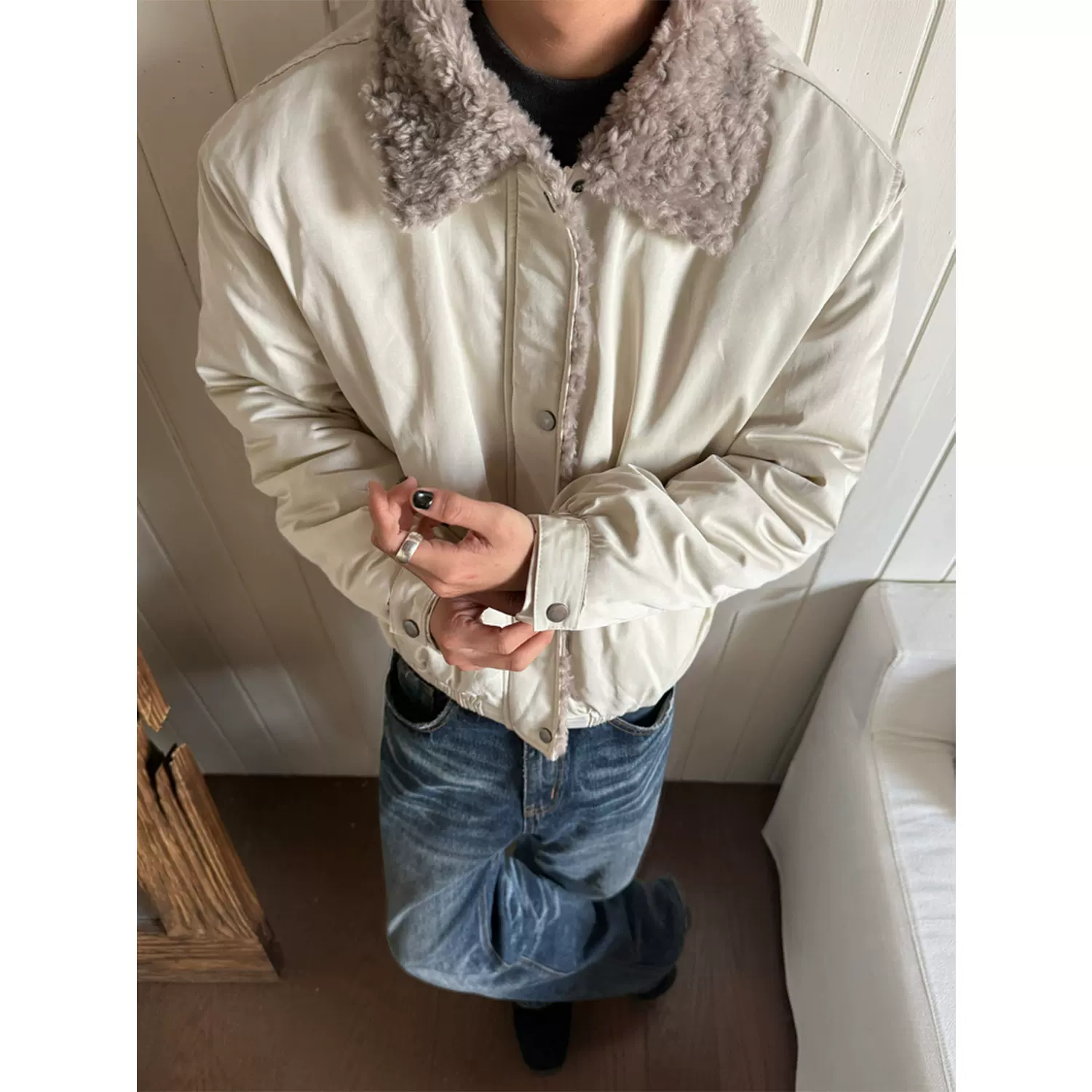 EME易盛易冬季美式暖融毛领拼接bomber棉服夹克保暖外套男生