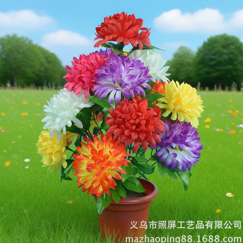 Yiwu pantalla flor artificial en stock al por mayor 6 color mezclado color claro ramo de flores flor falsa 18 cabeza bola crisantemo Flor de seda