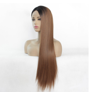 Marrón largo recto frente de encaje fibra química peluca de seda de alta temperatura mano gancho de fábrica LW0055