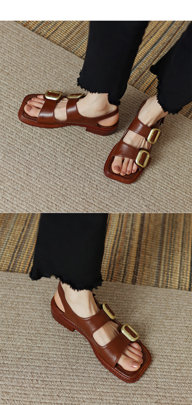 Sandal hở mũi nữ quai ngang đế thấp phong cách La Mã cổ điển, da bò màu nâu — Màu nâu chi tiết 15