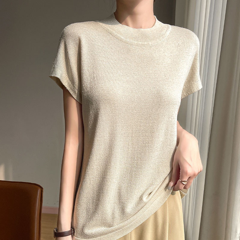 25 여름 신작 하프 터틀넥 얇은 아이스 실크 반팔 티셔츠 여성용 다용도 슬리밍 실버 베이스 레이어 탑