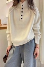 大码纽扣设计高领毛衣女欧洲站立领针织衫秋冬新款欧货女装打底衫
