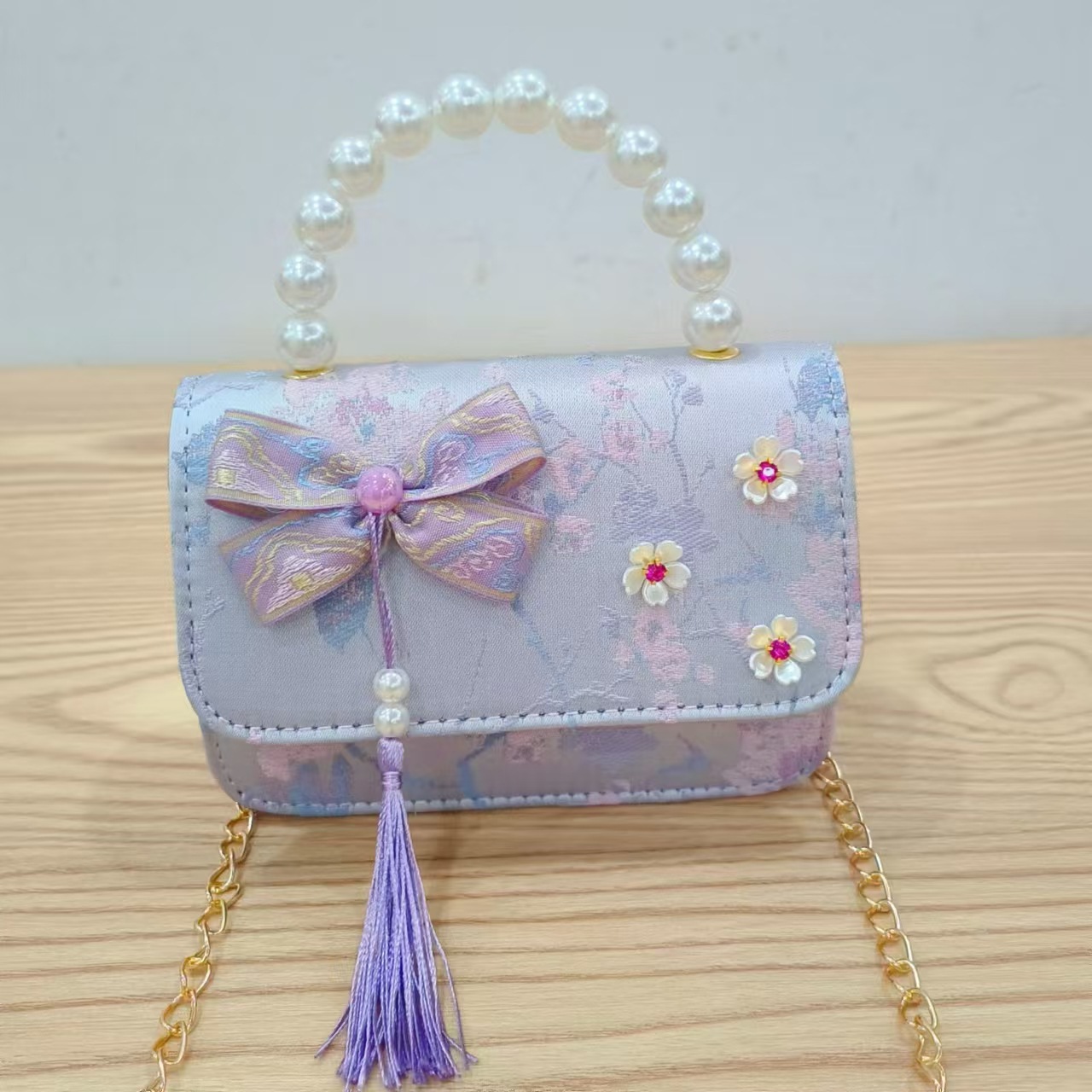 Hermoso bolso de arco de perla para niños nuevo estilo antiguo bolso de borda de color extranjero bolso de hombro con diamantes