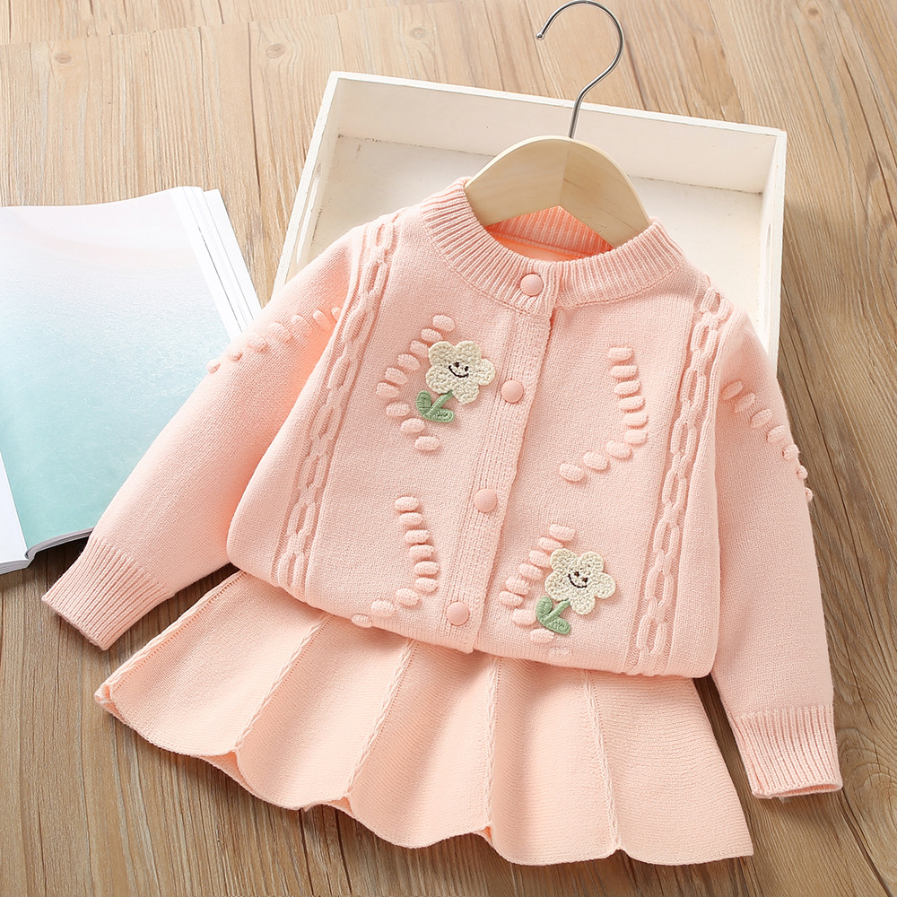 Mädchen Pullover Set 2023 Herbst/Winter Neue Modische kinder Einfarbig Lange ärmeln Strickjacke Prinzessin Zwei_voghion.com