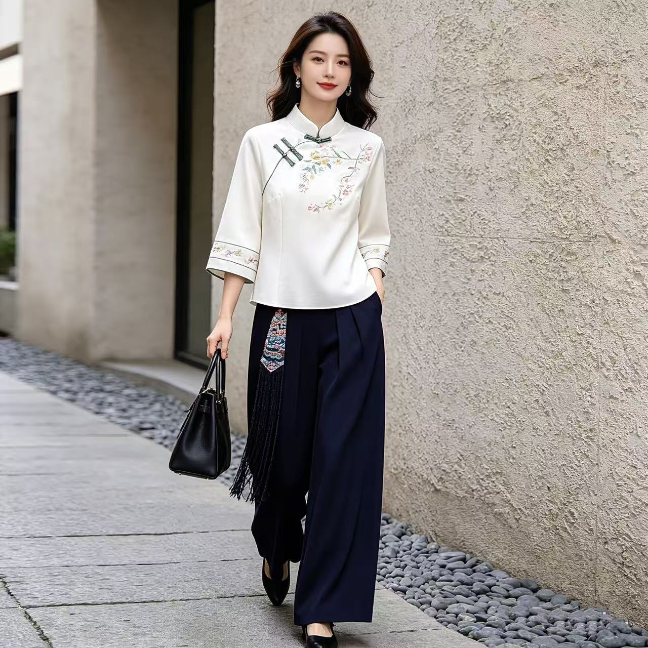 古风现货汉服茶服刺绣斜襟新中式国风上衣裤子套装新款新中式女装