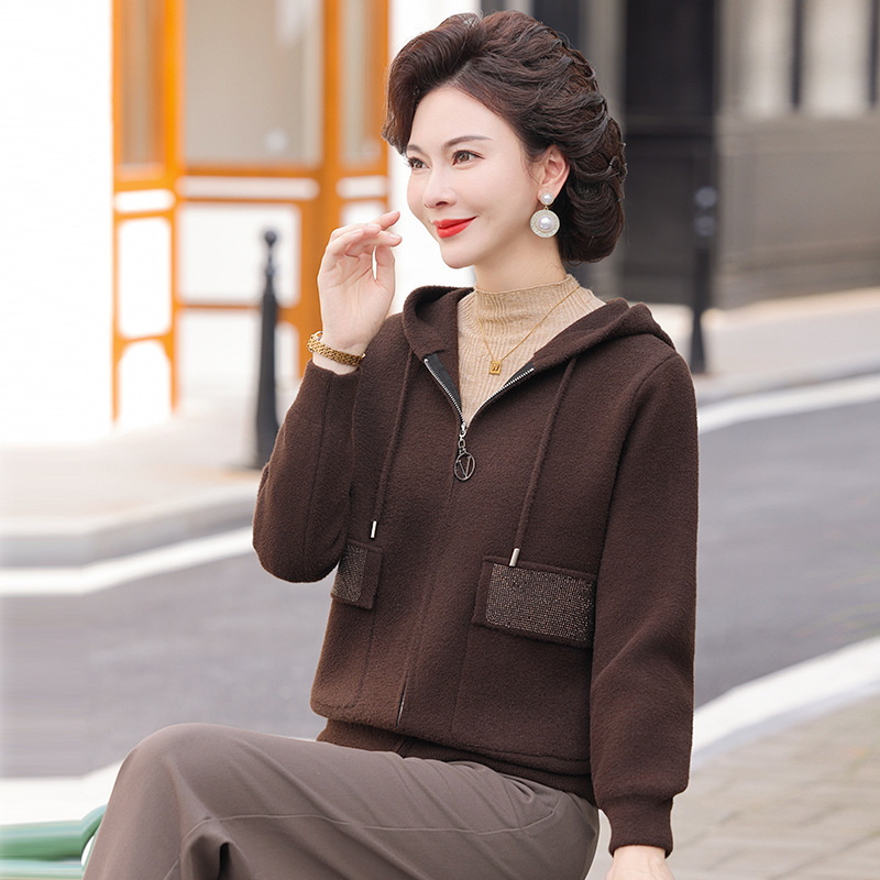 New Middle-Aged and Elderly Mothers Spring & Fall Woolen Hooded Cardigan Tops 2025 Spring 50-Year-Old Women's Clothing Baita Jacket
