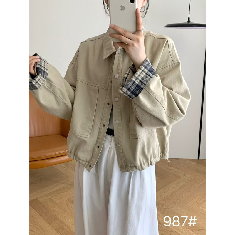 Korean Style High-End Petite Outfit Drawstring Splicing Plaid Shirt Jacket Short Lapel Jacket for Women Zlg22
