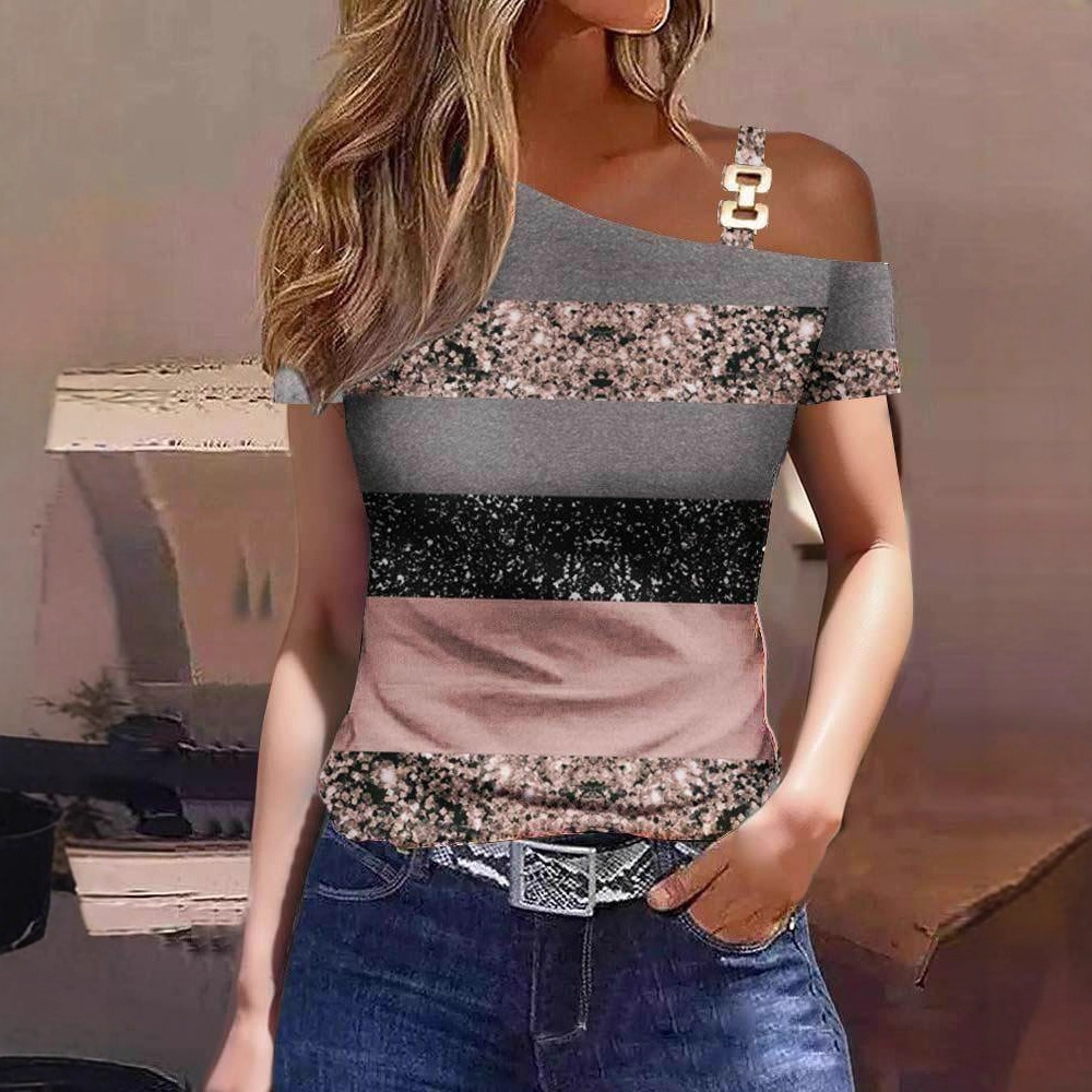 2023 estación independiente deseo Amazon popular verano simple manga corta hebilla de metal impreso camiseta superior ropa de mujer image 4