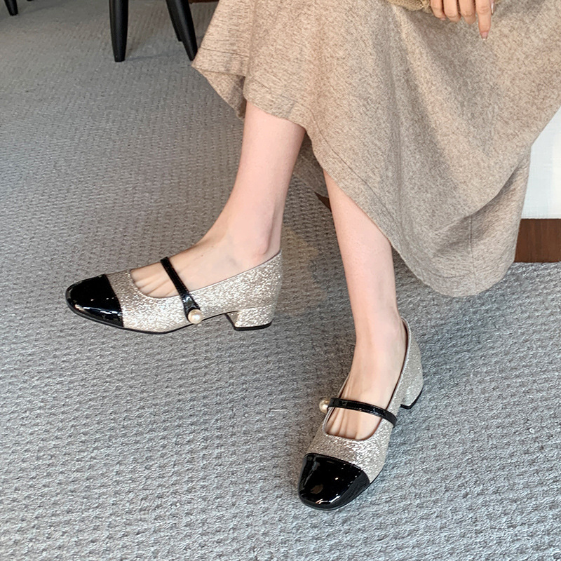 Plus-Size French-Style Square-Toe Chunky Heel Shoes 2026 New Shallow Sequin Mary Jane Shoes with Widened Forefoot Large Size Women's Shoes