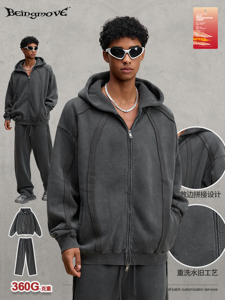 Calle secada| Otoño y invierno calles retro lavado con cremallera de veludo con chaqueta con capuzas casuales pantalones rectos para hombres