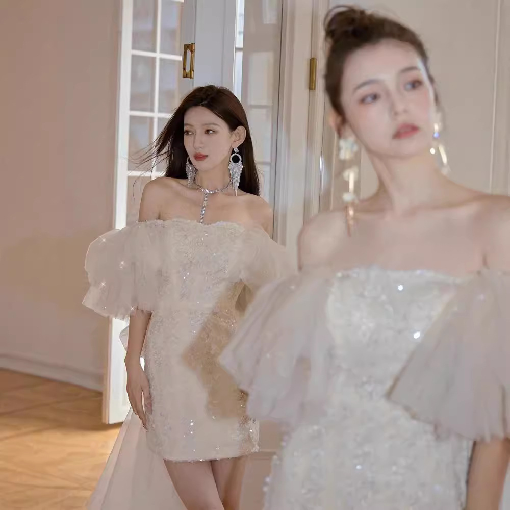 Tube top tight waist mini skirt fairy pure desire sequins dress heavy industry puff sleeve birthday dress adult gift dress