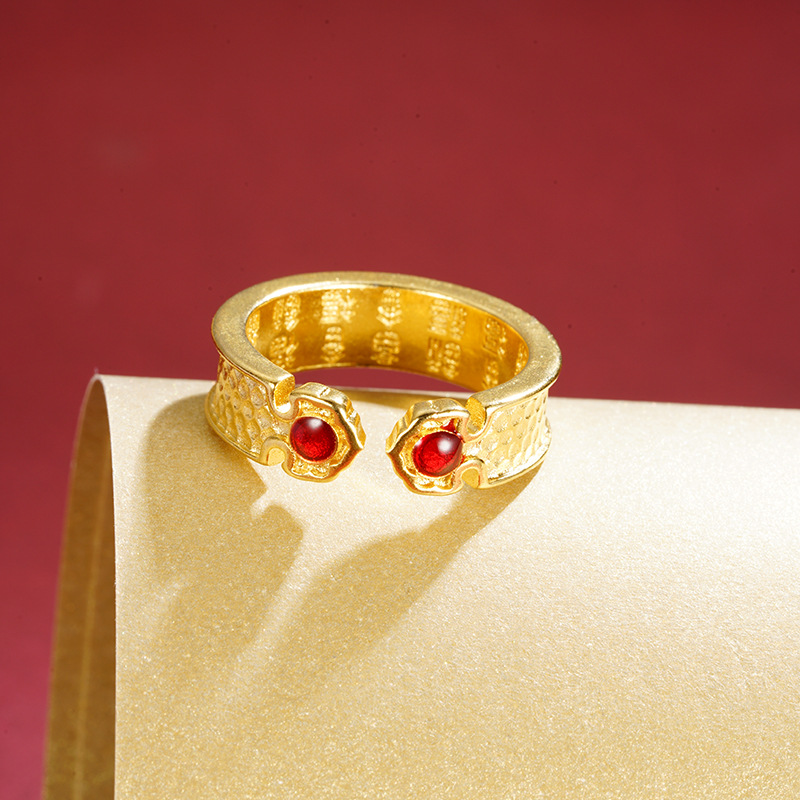 Anillo de oro de arena abierto chino Feng Fu Zi mujer rica y noble Ruyi auspicioso joyas de mano chapadas en oro de cobre retro al por mayor