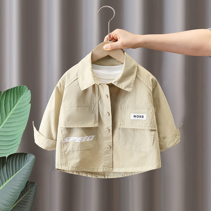 7613 chaquetas de primavera para niños, ropa de trabajo coreana para niños de estilo occidental, camisas de manga larga, impresión de letras de moda de primavera y otoño