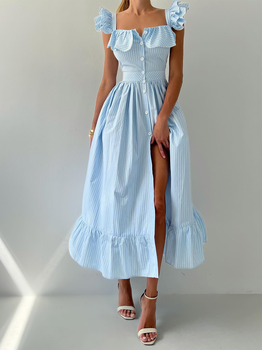 Women's Clothing Striped Dress Button Down Cardigan Waist Cinching Long Dress Summer New Style Flutter Sleeve_ecoleips.com
