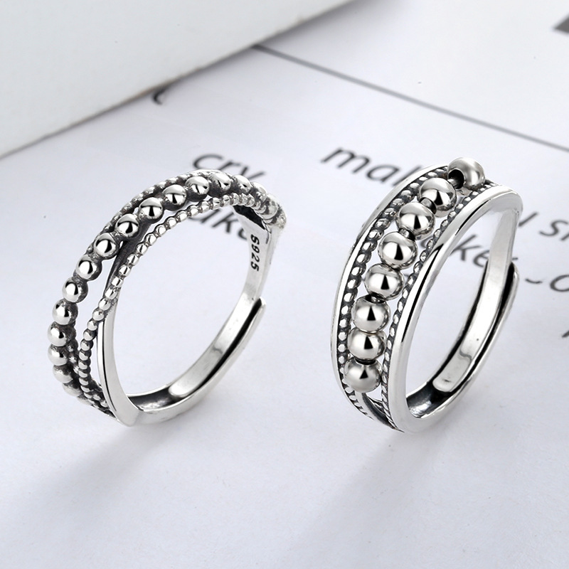 Bague de couple européenne et américaine, nouveaux bijoux à la mode, simple, ondulée, point, perles, accessoires en argent thaïlandais, bague à bouche ample_voghion.com