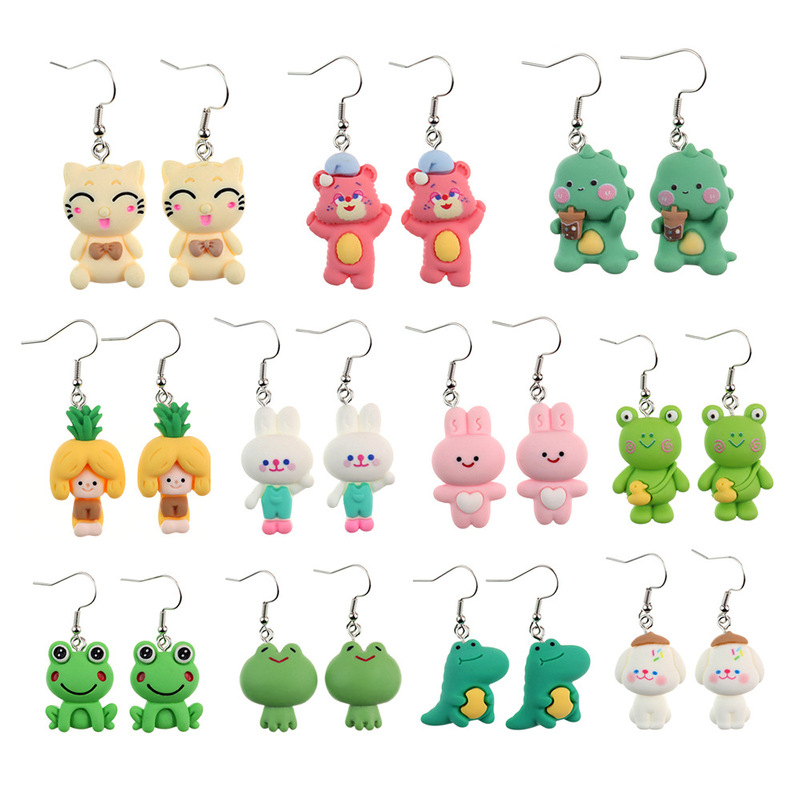 Japanese and Korean Fun Cute Cartoon Rabbit Bear Frog Pineapple Girl Earrings Ear Hook Childhood Girl Heart Earrings