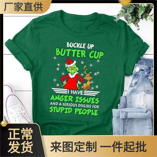 Christmas Short-Sleeved European and American Grinch Green-Haired Grinch Printed Short-Sleeved T-Shirt Christmas Short-Sleeved European and American Grinch Green-Haired Grinch Printed Short-Sleeved T-Shirt