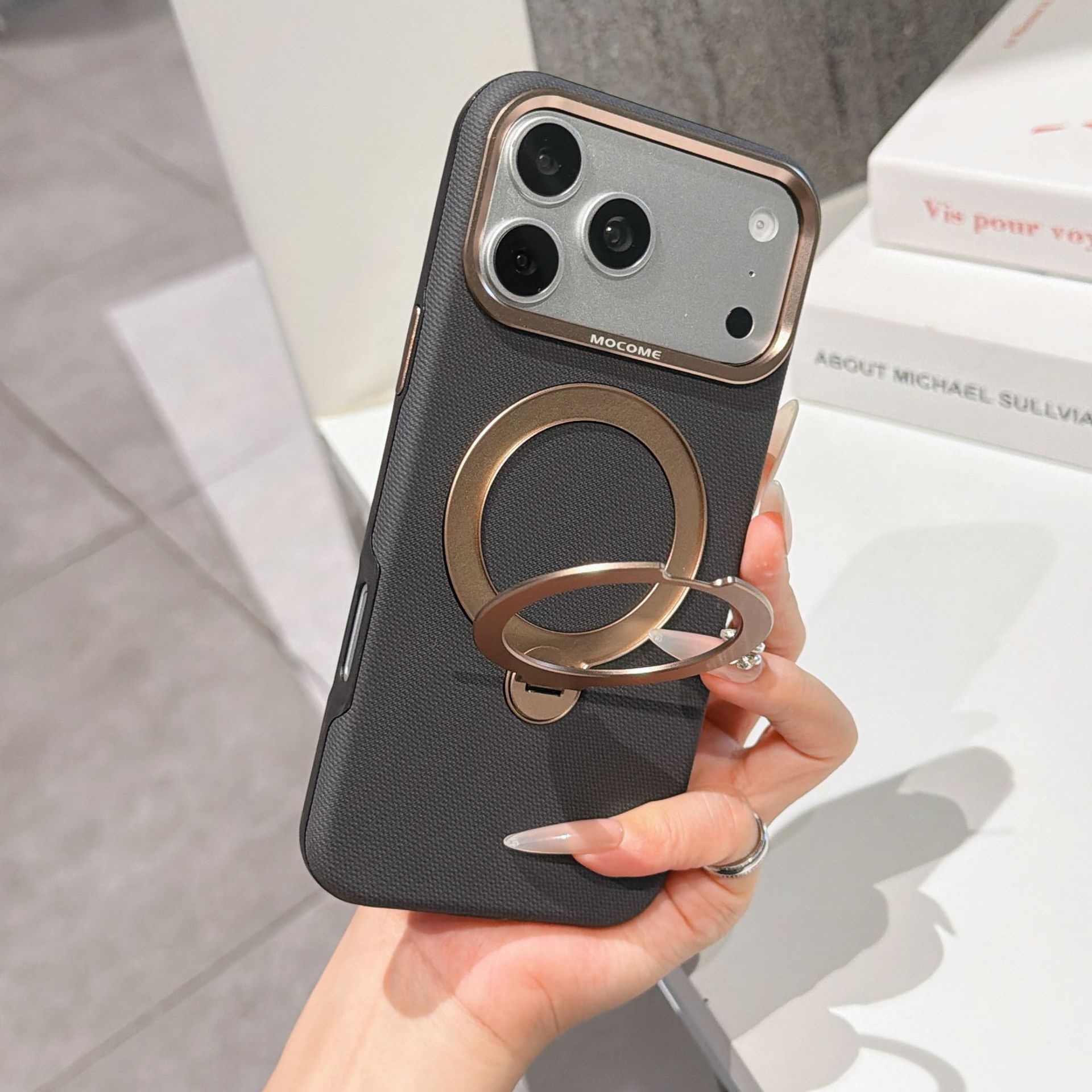 Ốp lưng da iPhone 16/17 Pro Max có vòng xoay 360 độ, nam châm hút, chống sốc viền dày — Đen, Nâu, Tím, Xanh dương chi tiết 11