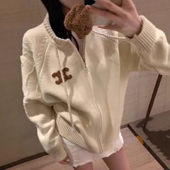 ce 针织外套皮标连帽开衫毛衣女25秋冬新品麻花慵懒针织连帽外套