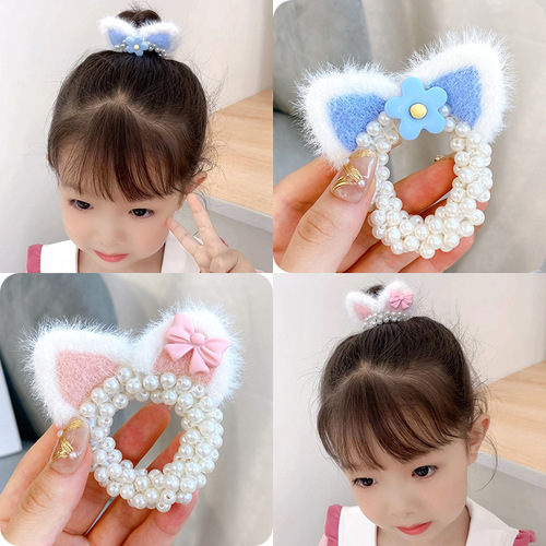 Children's cat ear pearl hairband cute little girl's ball head girl's hair rope headband new hair accessories headdress