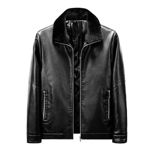 Fur integrated fleece-lined leather coat men's winter lapel motorcycle leather jacket men's thickened cotton-padded coat winter coat plus size