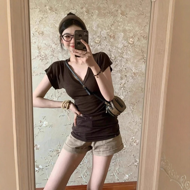 [210g 40 Count Fine Cotton 1*1] Retro Brown V-Neck Short-Sleeved T-Shirt Women's Summer Sexy Versatile Top