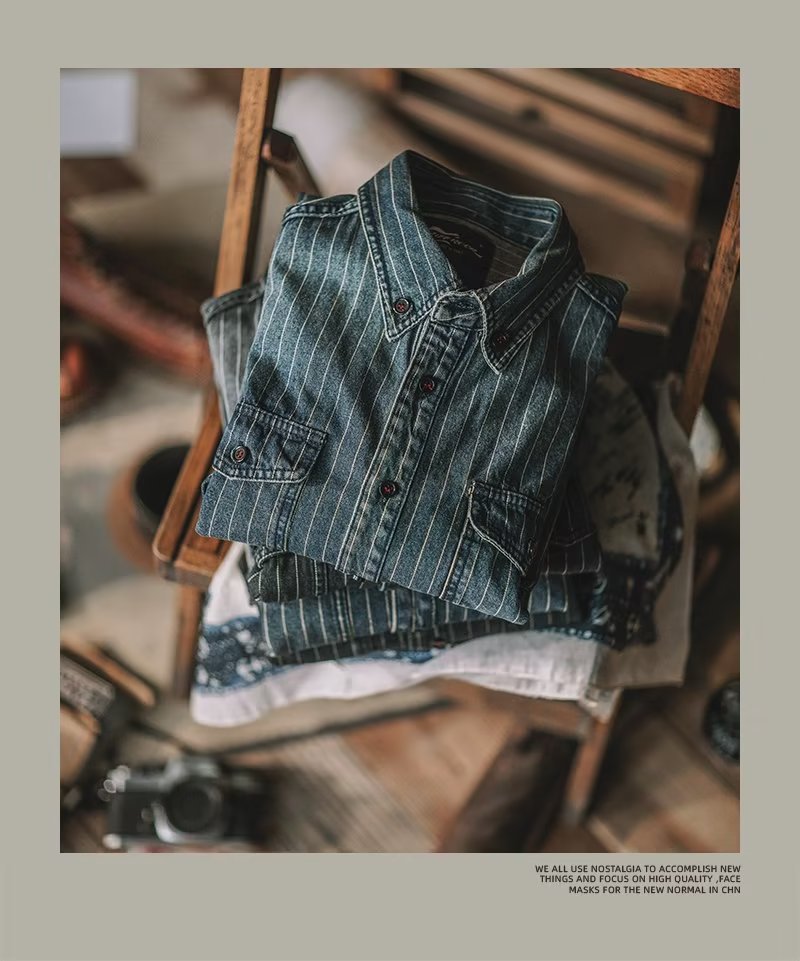 Herren Denim Hemd Japanischer Retro Style Langarm Gestreift_voghion.com