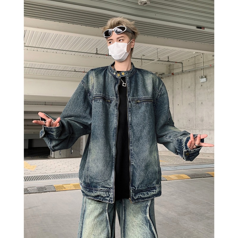 美式复古立领牛仔外套男秋季新款高级感潮牌宽松休闲痞帅夹克外套|undefined