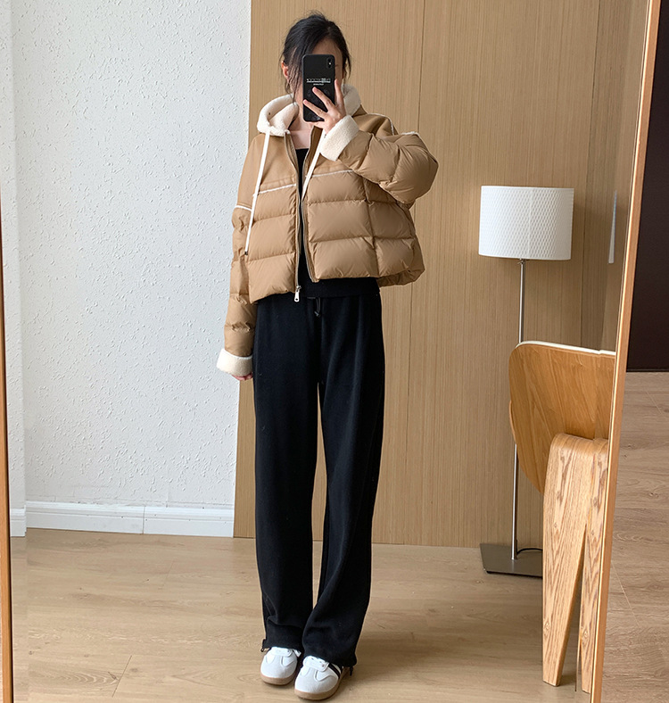 Giacca corta europea in piumino per donna stile corto cuciture colore a contrasto pelle PU leggera lusso alta qualità maglione largo 2024 nuovo inverno_voghion.com