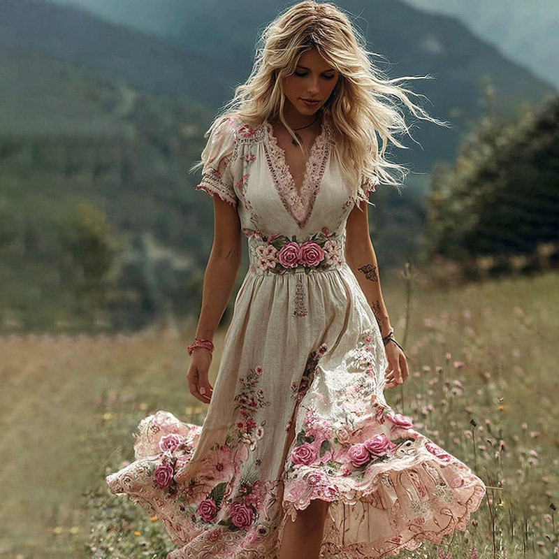 Independent Station Cross-Border Amazon Creative Totem Print Women's Summer New V Neck Short-Sleeved Dress Mid-Length Skirt