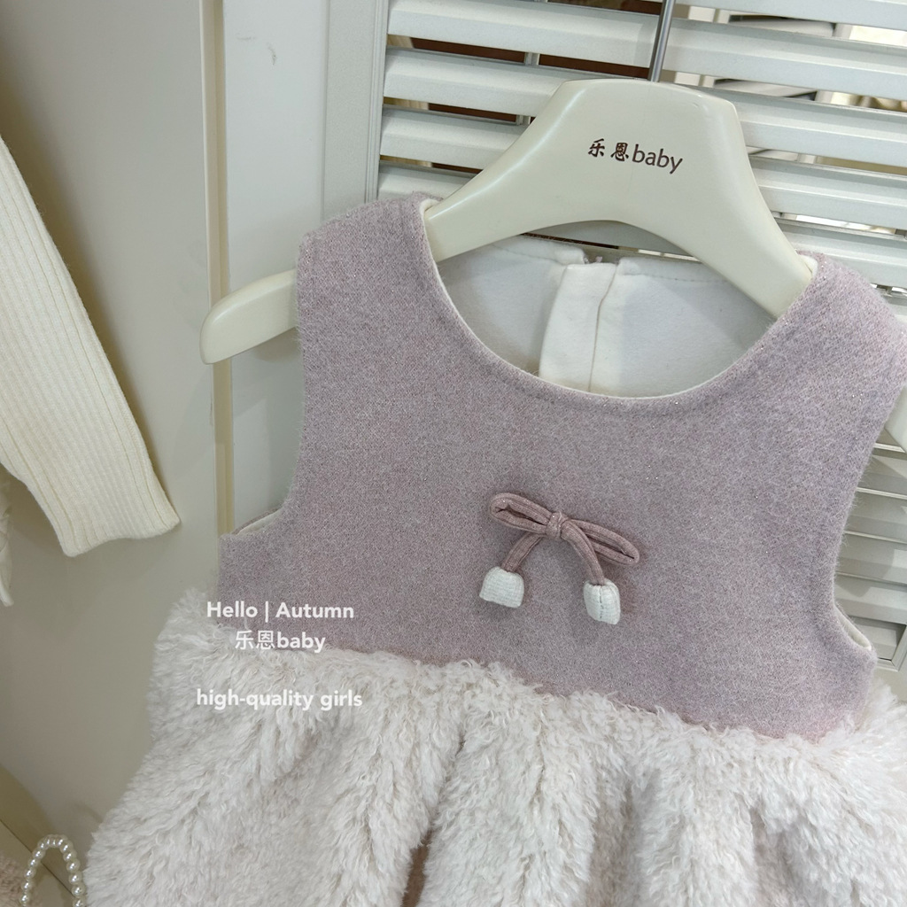 [Ropa para niños Le En] Nuevo estilo de otoño e invierno para niñas, falda de chaleco de lana rosa occidental y terciopelo, vestido de moda de todo fósforo