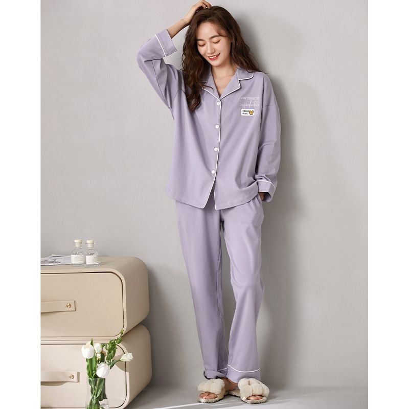 100% pijamas Pantalones de algodón de manga larga de primavera y otoño de las mujeres 2024 nuevo traje de ropa de abrigo suelta simple