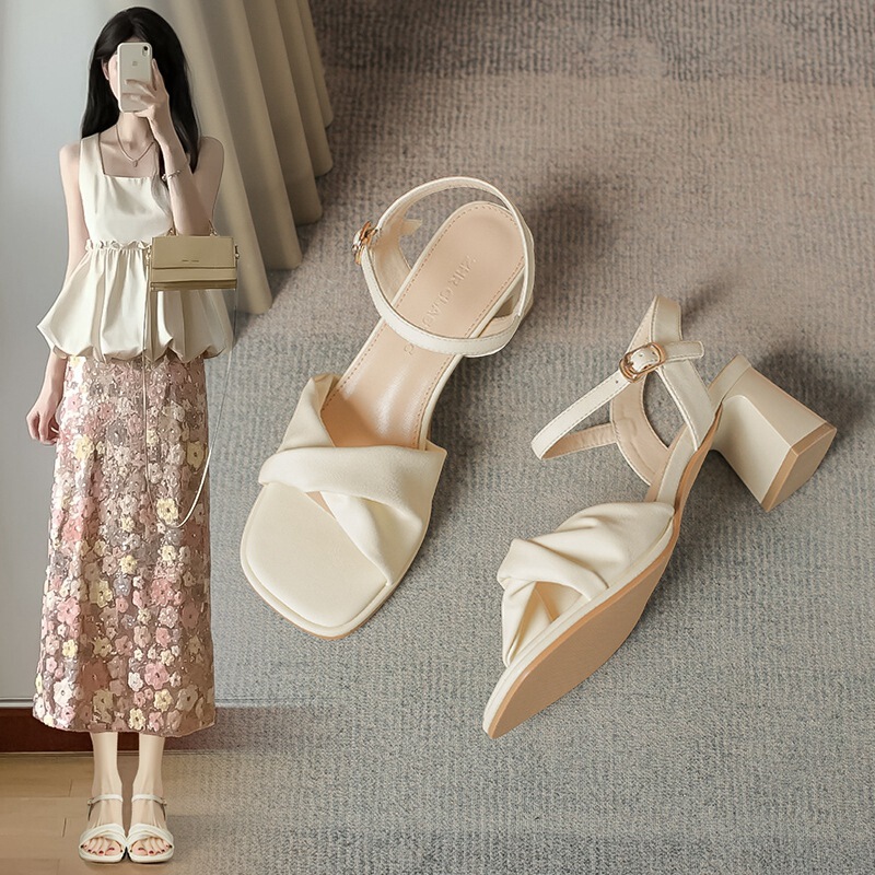 ZHR High Heeled Sandals French Thick Heeled Sandals 2025 Summer New Fairy Single Sandals with Square Toe