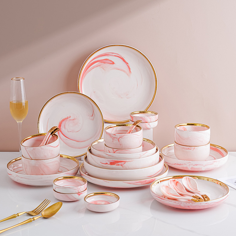 Dishes and Dish suit Household Simple Modern Internet Celebrity Tableware Marble Pattern Ceramic Plate Housewarming Bowl Chopsticks Bowl Utensils